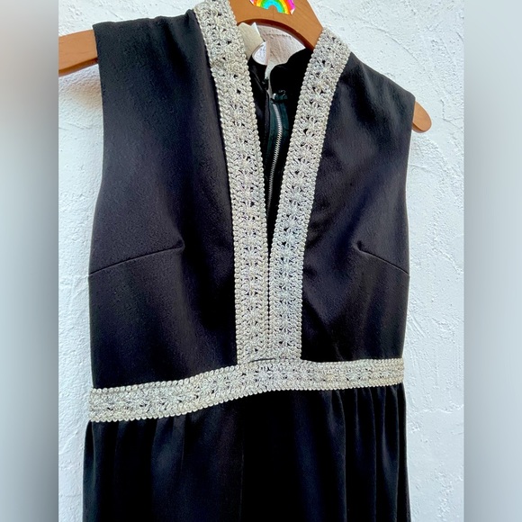Vintage 60’s Black & Silver Cocktail Hostess Dress / Maxi Dress Empire Waist - Picture 6 of 10